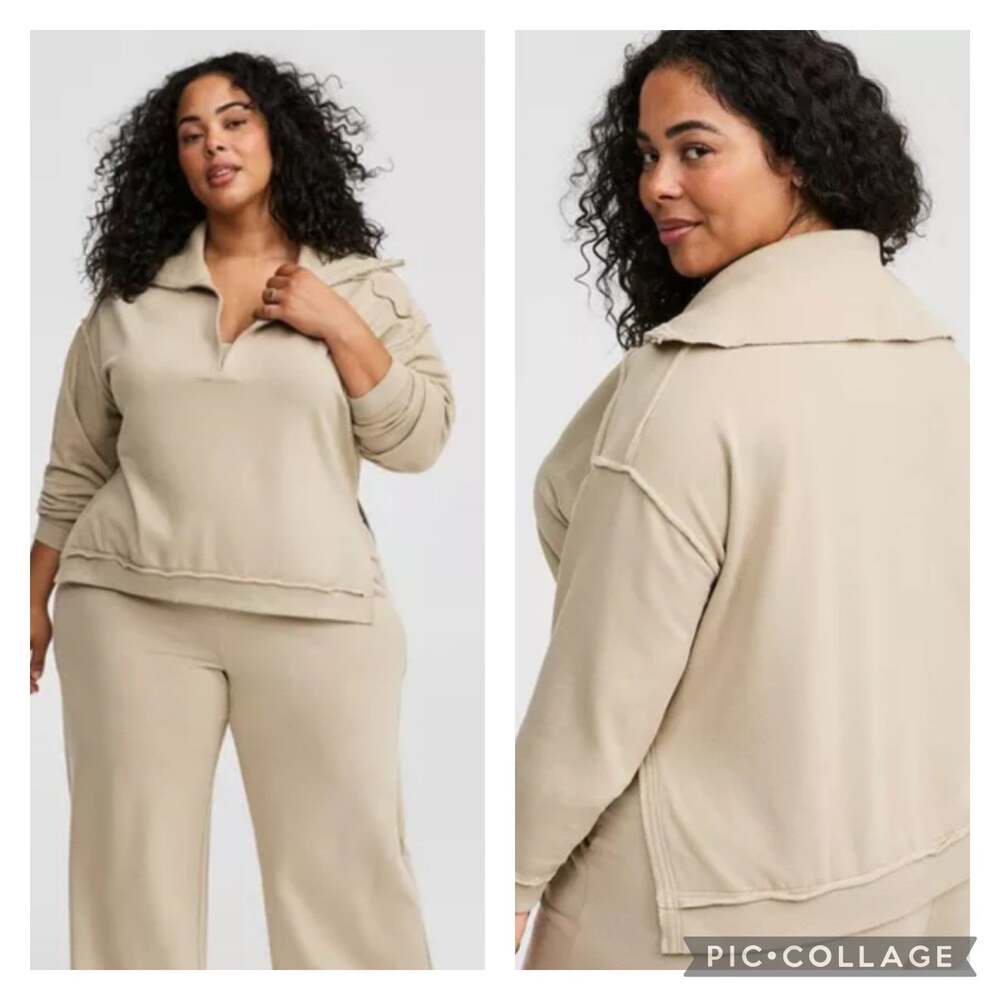 Torrid Super Soft Fleece V Neck Pullover Sweatshirt Beige Size 1X